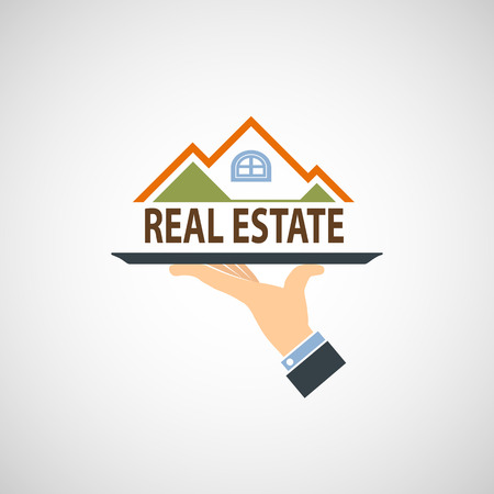 Hand holding a tray with a house. Vector image.のイラスト素材