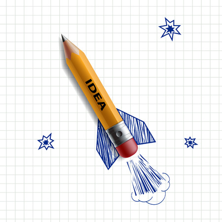 Pencil in the form of a rocket on a background painted sky. Vector Image.のイラスト素材