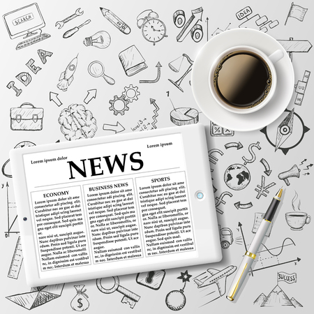 Tablet and cup of coffee on the background of doodle icons. Business concept. Stock Vector.のイラスト素材