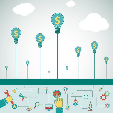 Light bulbs with dollar signs. Infographics business concept. Stock vector illustration.のイラスト素材