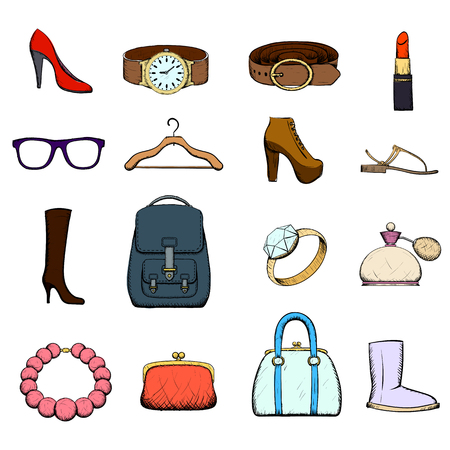 Set of clothing and accessories. Doodle image. Stock vector illustration.のイラスト素材