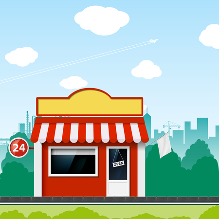 Shop on a city street. Cartoon. Stock vector illustration.のイラスト素材