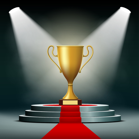 Gold Cup winner standing on a podium. Stock vector illustration.のイラスト素材