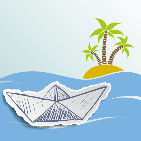 Island with palm trees in the ocean. Cruise ship. Travel background. Stock vector illustration.のイラスト素材