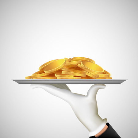 Human hand holding a tray with gold coins. Earnings and dividends. Stock vector illustration.のイラスト素材