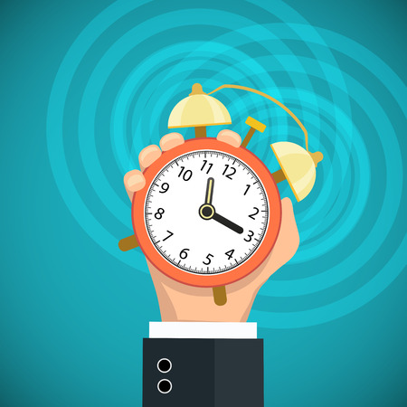Human hand holding a alarm clock. Flat graphic. Stock vector illustration.のイラスト素材
