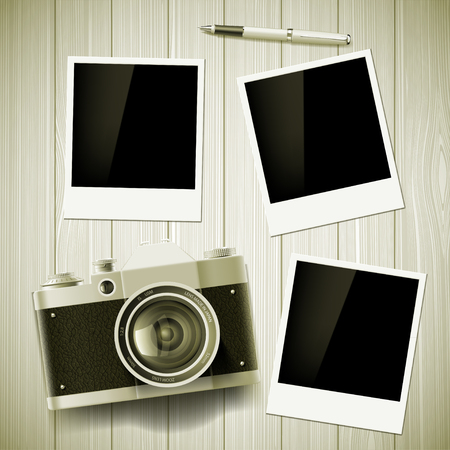 Old camera and photos lie on a wooden table. Stock vector illustration.のイラスト素材