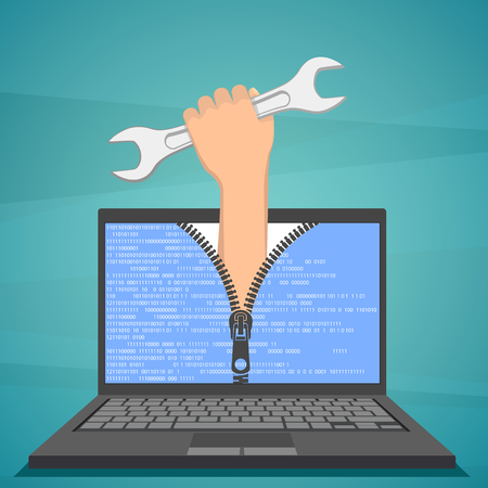 Human hand with a wrench sticking out of laptop. Technical support. Stock vector illustration.のイラスト素材