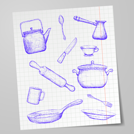 Kitchen utensils drawn on a sheet of paper. Doodle image. Stock vector illustration.のイラスト素材