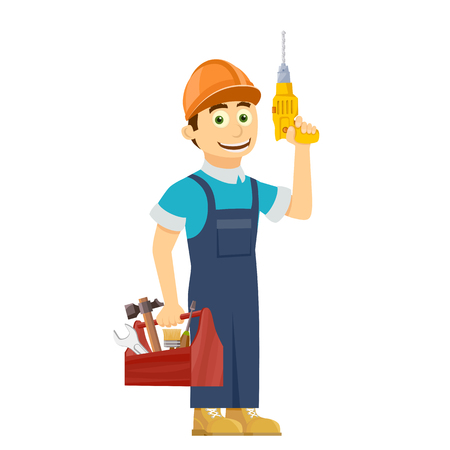 Construction worker holds in hands a tool box. Stock vector illustration.のイラスト素材