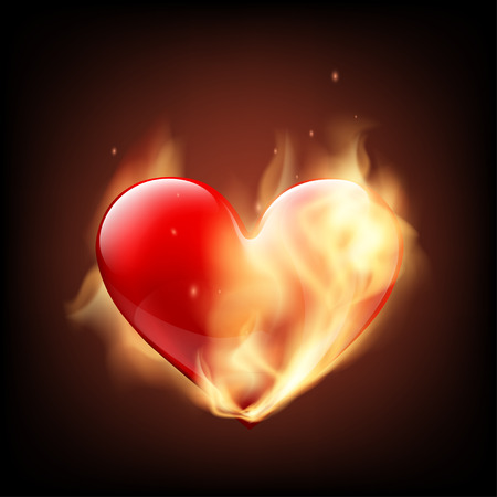 Red human heart on fire. Isolated on black background. Stock Vector illustration.のイラスト素材