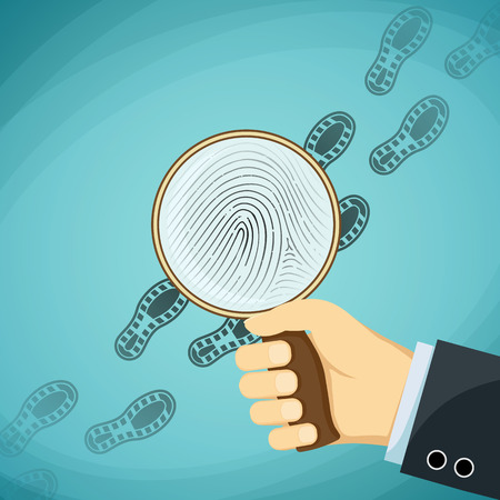Detective holding a magnifying glass. Fingerprint. Stock Vector cartoon illustration.のイラスト素材