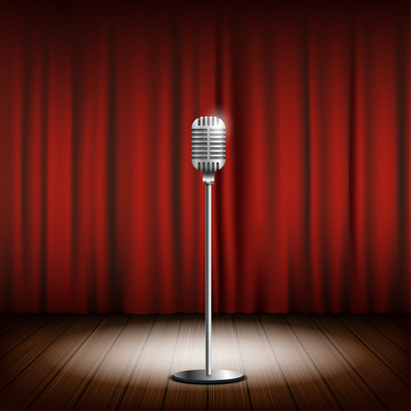Metal chrome retro microphone on a stand. Scene with a red curtain. Stock vector illustration.のイラスト素材