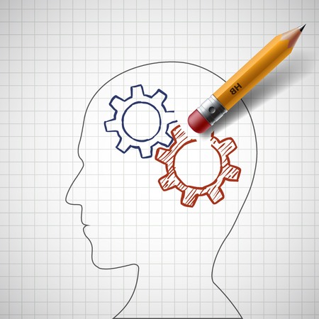 Pencil erases gears in human head. Stock illustration.のイラスト素材