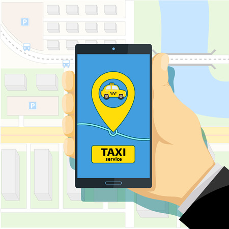 Mobile app to call a taxi. Man holding a smartphone in his hand. Stock Vector cartoon illustration.のイラスト素材