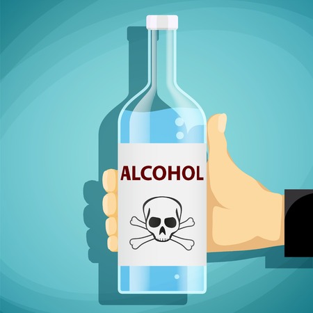 Human hand holding a bottle of alcohol. Skull and crossbones. Flat graphics. Stock vector illustration.のイラスト素材