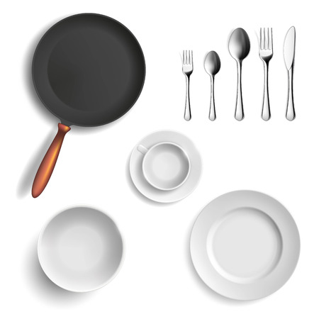 Set of ceramic plates and utensils. Isolated on white background. Stock vector illustration.のイラスト素材