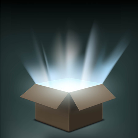 Open cardboard box with a glow inside. Stock vector illustration.のイラスト素材