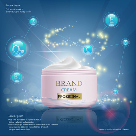 Cream with vitamins, serum and coenzyme Q10. Cosmetic ads template. Stock vector illustration.のイラスト素材