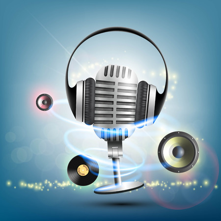Headphones and a retro microphone. Vinyl record music background. Stock vector illustration.のイラスト素材