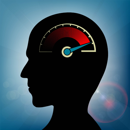 Speedometer with an arrow in human head. Nervous stress and fatigue. Stock vector illustration.のイラスト素材