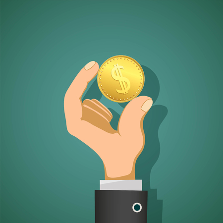 Man holds in his hand a gold coin dollar. Stock vector illustration.のイラスト素材