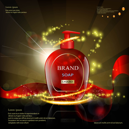 Plastic container with a red liquid soap. Advertising template. Stock vector illustration.のイラスト素材