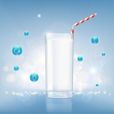 Glass of milk on a background of vitamins and nutrients. Stock vector illustration.のイラスト素材