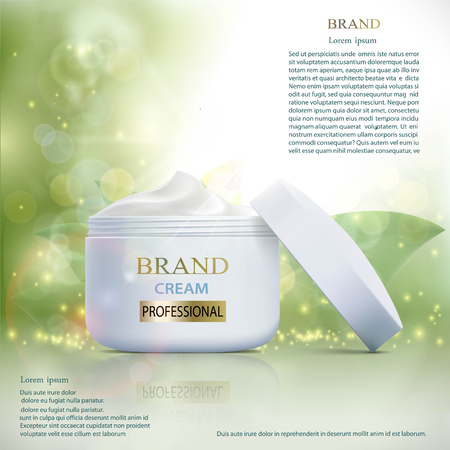 Plastic container with cosmetic cream on a natural pattern. Skin Care ads template. Stock vector illustration.のイラスト素材