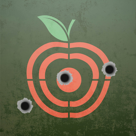 Military target in the form of fruit apple. Metal background with bullet holes. Stock vector illustration.のイラスト素材