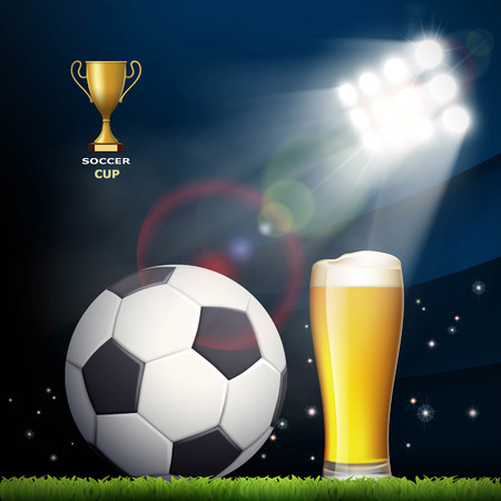 Soccer ball and a glass of beer in the stadium. Stock vector illustration.のイラスト素材