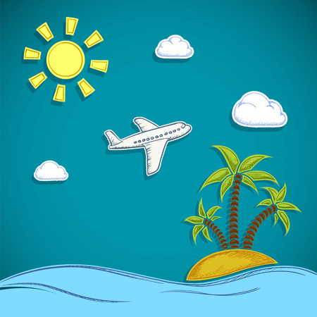 Airplane is flying in the clouds. Island with sand and palm trees. Vacation at the sea with the beach. Stock Vector flat graphic illustration.のイラスト素材