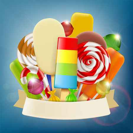 Set of ice cream, candy and sweets with ribbon. Advertising of confectionery products. Stock vector illustration.のイラスト素材