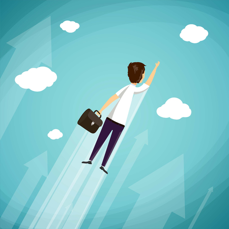 Man with a briefcase in his hand flies in the sky. Stock vector illustration.のイラスト素材