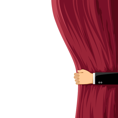 Man opens with his hand a red curtain. Art background for advertising and presentation. Stock vector illustration.のイラスト素材