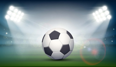 Soccer ball on the field of the stadium. Sports background illuminated by searchlights. Stock vector illustration.のイラスト素材