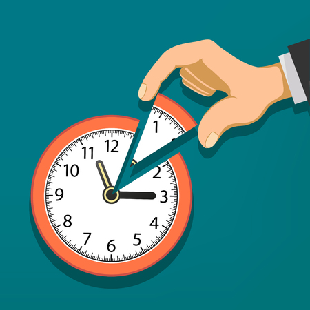 Human hand holds the clock with the arrows. Stock vector flat graphic.のイラスト素材