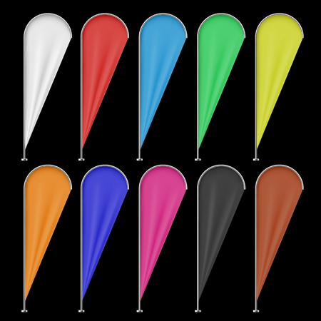 Set of multicolored teardrop banner flags isolated on a black background. Stock vector graphics.のイラスト素材