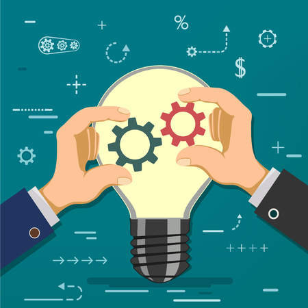 Two businessmen hold gears in hands on the background of a light bulb. Symbol of partnership and cooperation. Financial investments in business and start-up. Stock vector cartoon illustration.のイラスト素材
