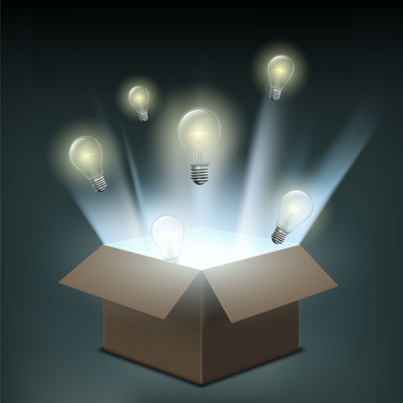 Light bulbs fly out of a cardboard box. Symbol of creative innovation and business start-up. Power of electricity and technological discoveries. Stock vector illustration.のイラスト素材