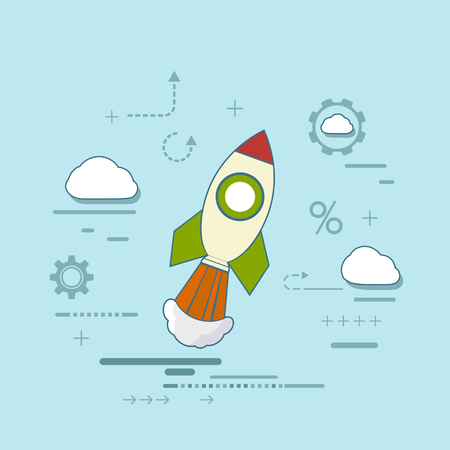 Rocket is flying in the clouds. Creative and success in a business startup. Conceptual ideas and scientific discoveries. Stock vector illustration.のイラスト素材