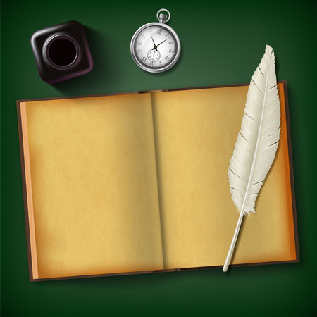 Notepad and feather with an inkwell and a clock on a wooden table. Vintage retro background. Blank old diary for writing. Stock vector illustration.のイラスト素材
