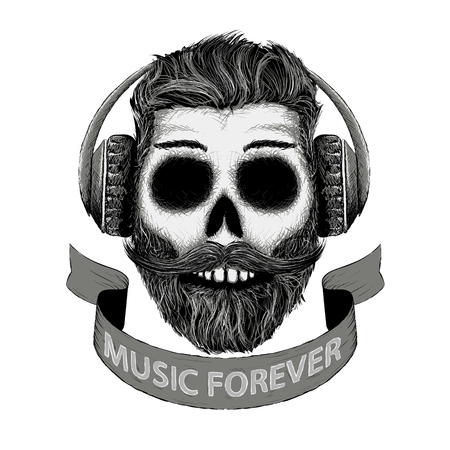 Sketch of human skull with a mustache and beard in headphones. Hipster design print on the t-shirt. Dj music icon in hand drawn style. Stock vector illustration.のイラスト素材