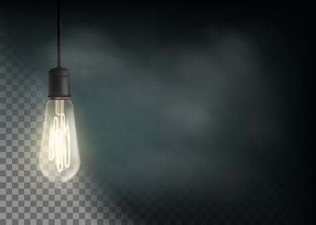 Vintage light bulb is glowing in the dark. Technology retro background. Stock vector illustration.のイラスト素材