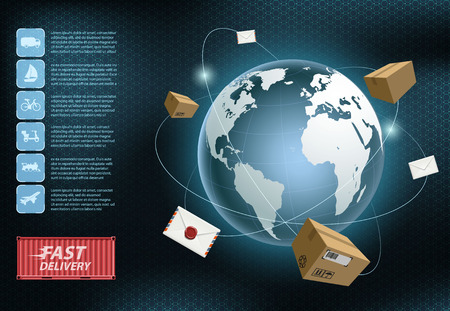Cargo delivery. Free and fast freight transportation around the world. Infographics of the business shipping industry. Stock vector illustration.のイラスト素材