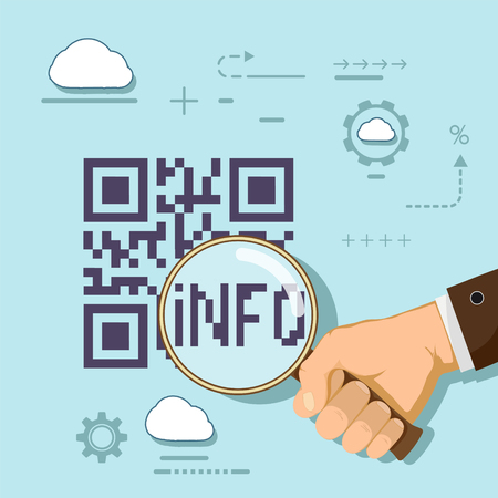 Man holding in his hand a magnifying glass. Information in qr code. Stock vector illustration.のイラスト素材