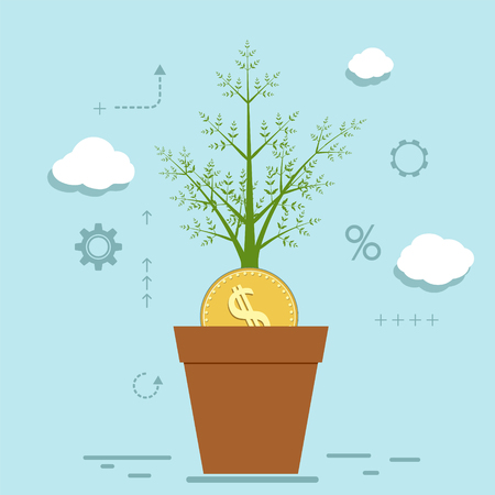 Illustration pour Coin with dollar signs growing in a flower pot. - image libre de droit