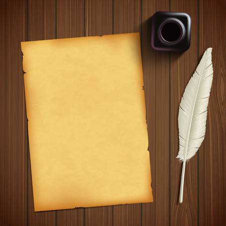 Old sheet of paper for writing and feather with an inkwell on a wooden table.のイラスト素材