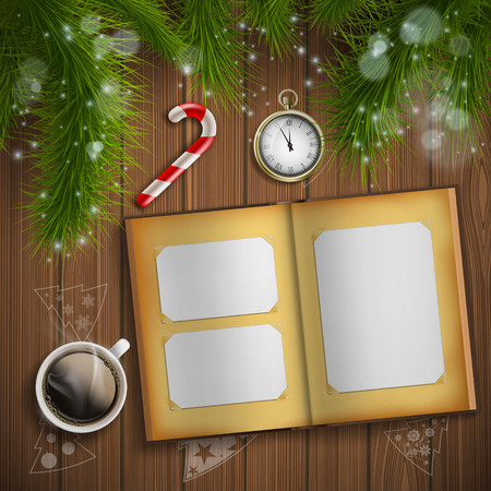 Christmas tree. Vintage album with photo. New Year background. Stock vector illustration.のイラスト素材