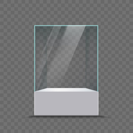 Glass showcase for the exhibition in the form of a cube. Isolated on transparent background. Stock vector illustration.のイラスト素材
